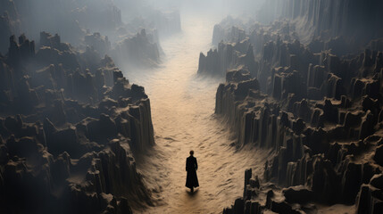 man in robe walks through desert pathway