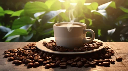 Tuinposter Coffee cup and coffee beans in sack on coffee plant background in the morning , 3D Rendering, 3D illustration © HN Works