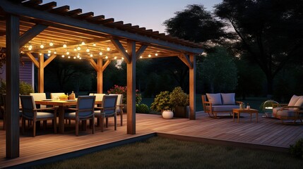 3D render of a teak wooden deck with decor furniture and ambient lighting. Front view of garden pergola with gas grill at twilight.