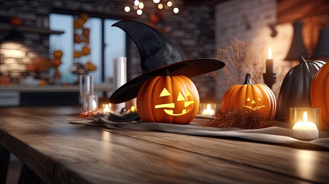 Wood dining table with space and Halloween decor stuff, Halloween pumpkins, witch hat and candles over blurred kitchen in background. 3d rendering, 3d illustration