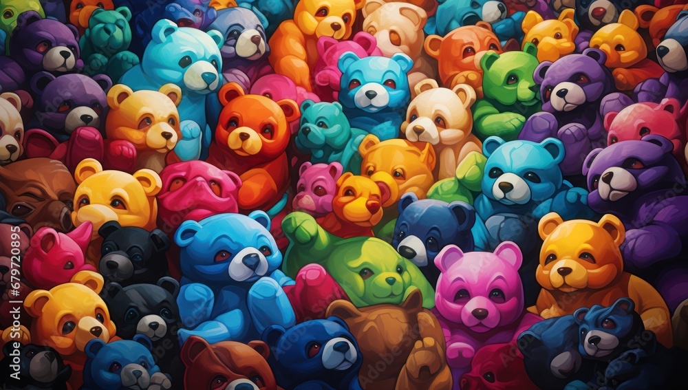 Poster a painting of a large group of colorful bears in the same color as the bears in the same picture.