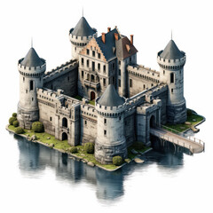 château fort militaire en vue 3D isométrique sur fond blanc - obrazy, fototapety, plakaty