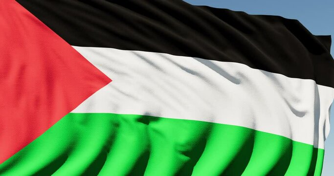 Close-up of the national flag of Palestine flutters in the wind on a sunny day , 4k slow motion