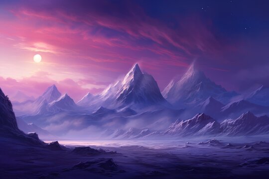  a painting of a mountain range with a full moon in the sky and a pink and purple sky in the background.