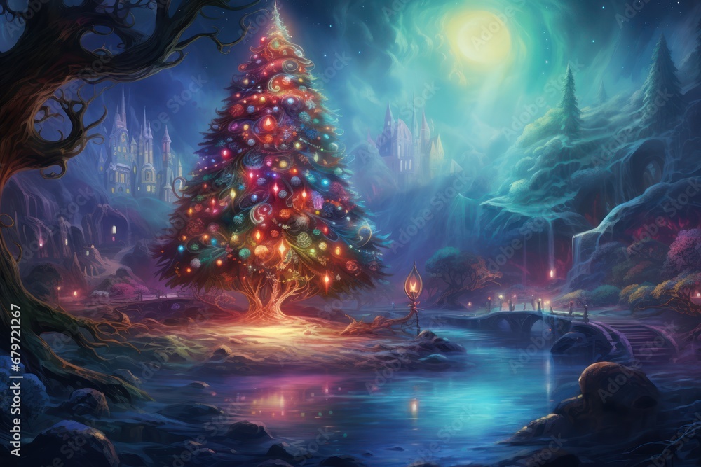Poster a painting of a christmas tree in the middle of a forest with a stream of water in front of it.
