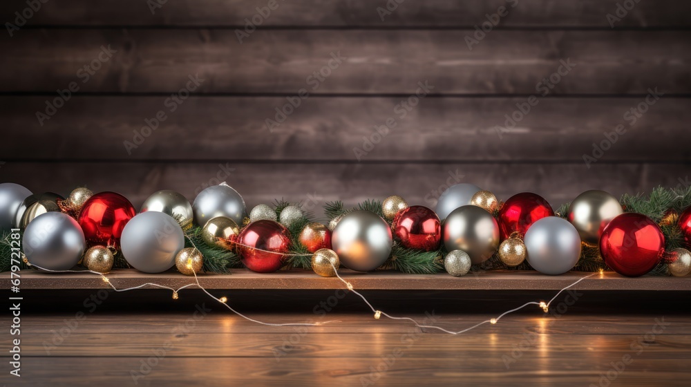 Poster a long row of christmas ornaments on a wooden table with a string of lights in the middle of the row