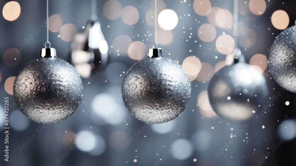 Poster a group of silver christmas ornaments hanging from a string on a string with boket lights in the bac