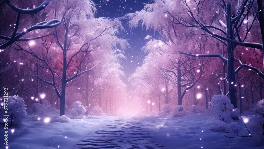 Poster a painting of a winter scene with a path leading through a snowy forest with snowflakes on the trees