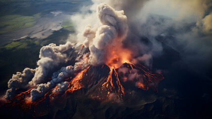 Impressive aerial View of the active volcano explosions of lava and magma rivers