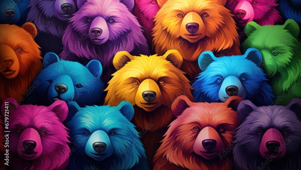Poster a group of multicolored bears standing next to each other in front of a crowd of other colored bears