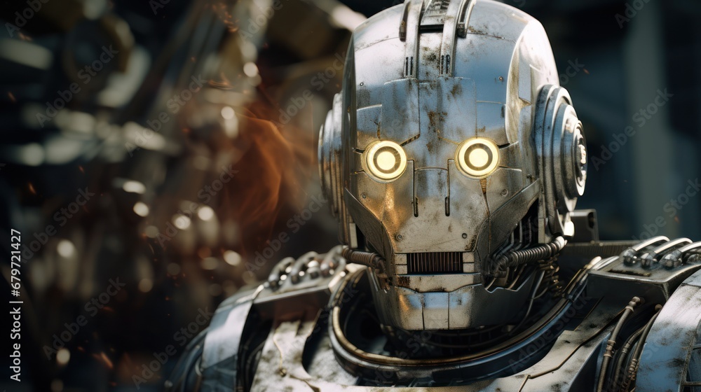 Poster a close up of a robot with glowing eyes and a suit of armor with chains and chains around his neck.