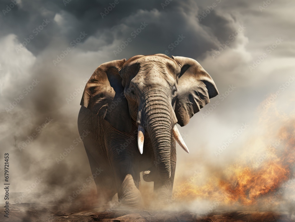 Poster an elephant with tusks standing in the middle of a field with a lot of clouds in the background.