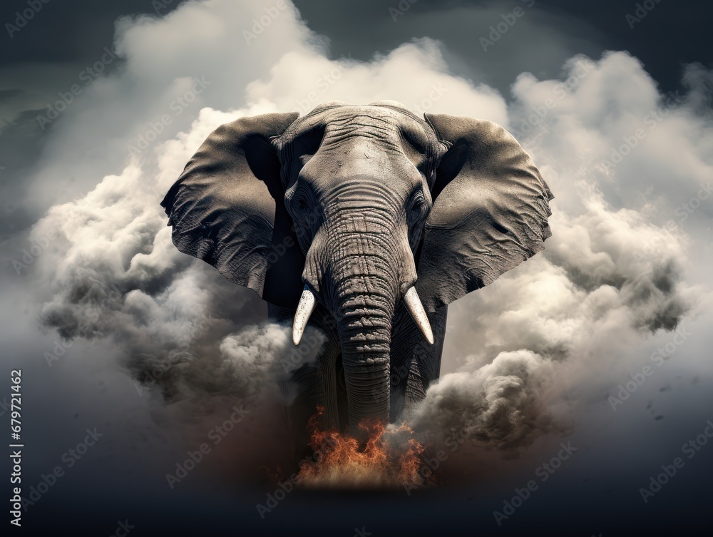 Aufkleber an elephant is standing in the clouds with its trunk in the air and it's head above the clouds.