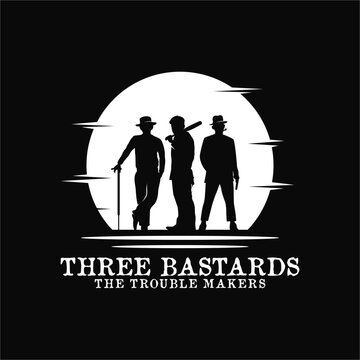 silhouette of three bastards mafia ghetto gangster bandit mafioso with gun shot weapon, walking stick, baseball bat in hand and smoking pipe in mouth logo design inspiration