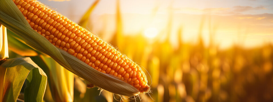 selective focus of ripe corn cob hanging from a corn stalk (Zea mays) in a vast cornfield with blurred background