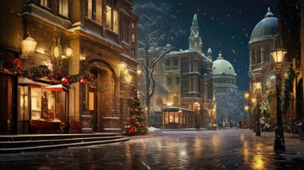  a night scene of a city street with a christmas tree in the foreground and a clock tower in the background.