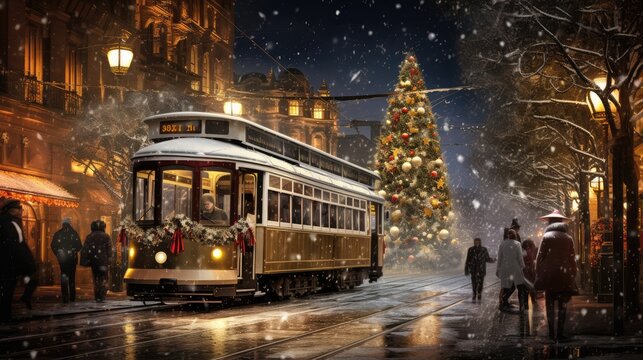  a trolley on a city street with a christmas tree on the side of the street and people walking on the side of the street.