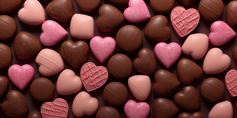 delicious heart shaped chocolate candies for valentine's day background. ai generative
