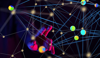 Global network. Blockchain. 3D illustration. Neural networks and artificial intelligence. Abstract