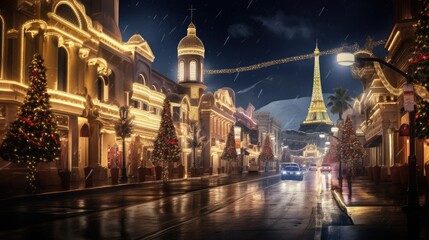  a city street at night with christmas lights and a christmas tree in the foreground and the eiffel tower in the background.