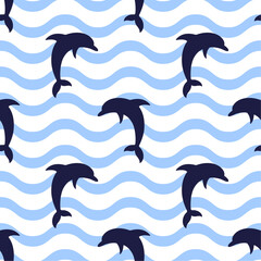 Dark blue dolphins on wavy background vector seamless pattern. Marine underwater life. Best for textile, wallpapers, wrapping paper, package and home decoration.