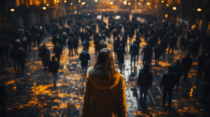 woman walks with crowd in city street - obrazy, fototapety, plakaty