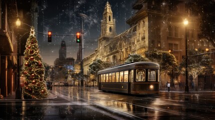  a trolley on a city street with a christmas tree in the foreground and a church steeple in the background. - obrazy, fototapety, plakaty