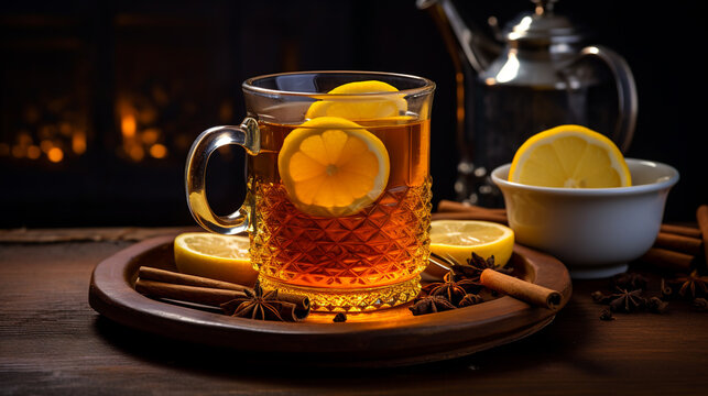 hot whiskey with lemon, honey and spices. ai generative