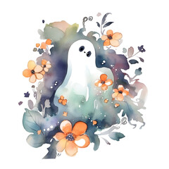 Watercolor cute clipart halloween ghost with flowers on transparent background. sublimation, tshirt, mug, pillow, tumbler, print