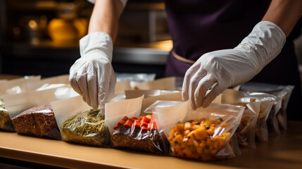 Chef's hands pack food for delivery. ai generative - obrazy, fototapety, plakaty