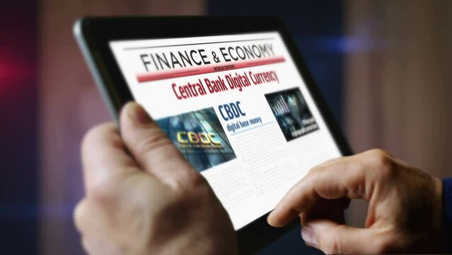 CBDC Central Bank Digital Currency and crypto money daily newspaper reading on mobile tablet computer screen. Man touch screen with headlines news abstract concept 3d. 