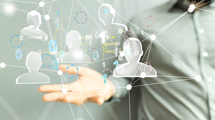 holding 3D rendering group of blue people