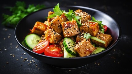 Fried Tofu Salad with Cucumbers and Sesame Seeds. Homemade asian vegetable and tofu salad in ceramic bowl on black stone background. Healthy asian diet vegan vegetarian salad food.