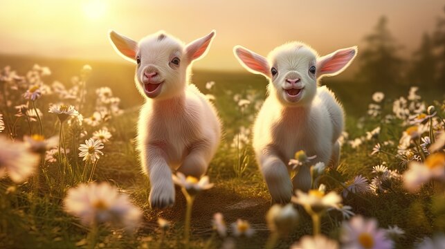 Two little funny baby goats playing in the field with flowers. Farm animals.