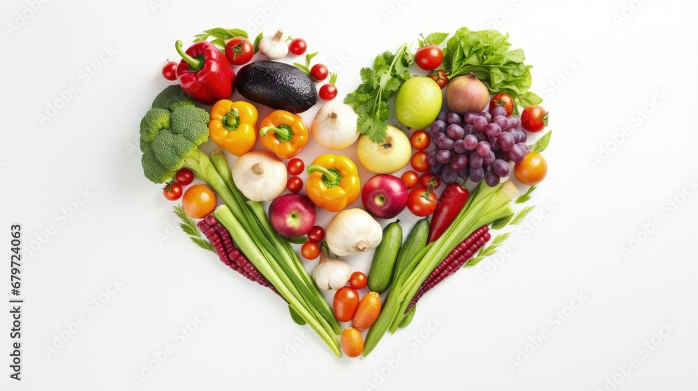 Aufkleber assortment of fresh vegetables and fruits making heart shape frame with white middle