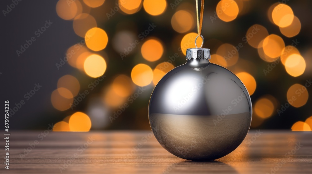 Poster a silver ornament hanging from a string on a table with a blurry christmas tree in the background.