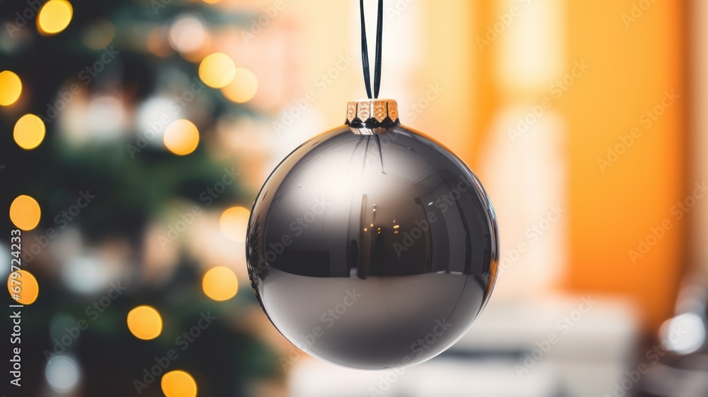 Poster a shiny silver ball ornament hanging from a string in front of a christmas tree with lights in the b