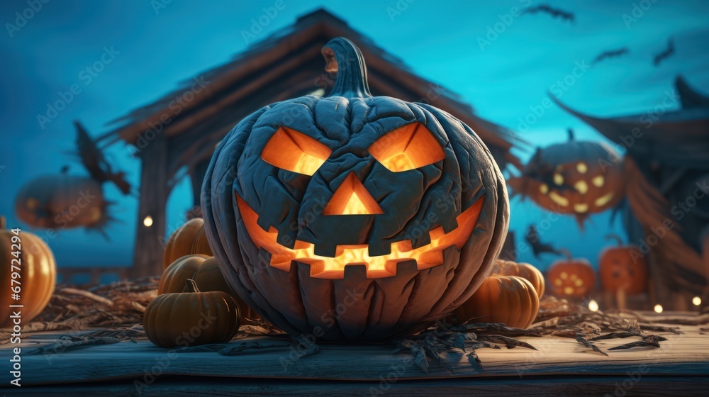 Poster  a carved jack o lantern sits in front of a house with pumpkins on the ground and bats on the roof.