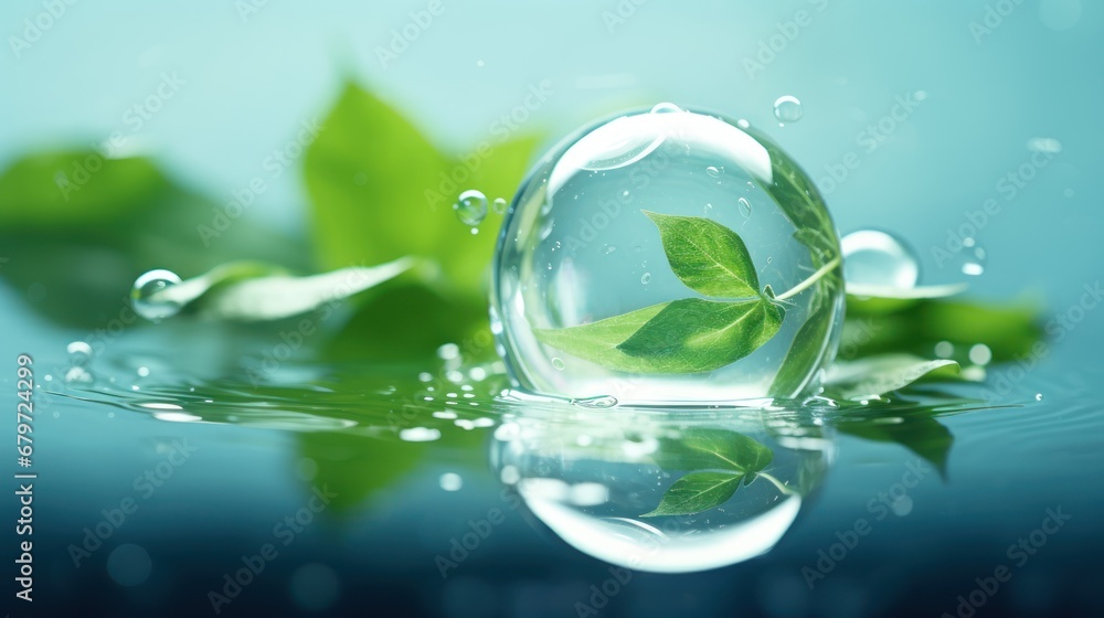 Aufkleber a drop of water with a green leaf inside of it and water droplets on the bottom of the drop and leav