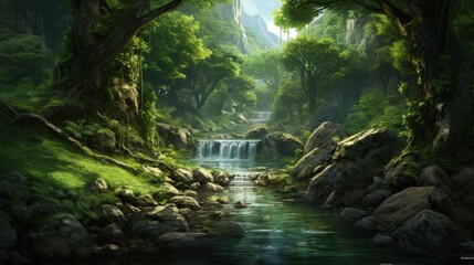 Green Fantasy Landscape Art Backgrounds. Digital art and Watercolor.