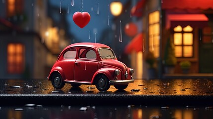 A red retro toy car with a heart on the roof behind a rainy window.Food delivery from cafes and restaurants on Valentine's Day.Blocking, restrictions and sadness in the city because of the coronavirus