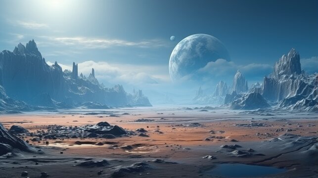 Alien Planet Surface Environment. Video Game's Digital CG Artwork, Concept Illustration, Realistic Cartoon Style Background