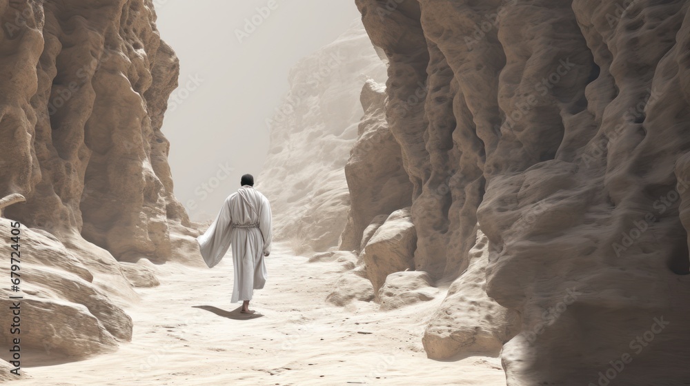 Poster a man in a white robe walking through a desert like area with large rocks on either side of him and 