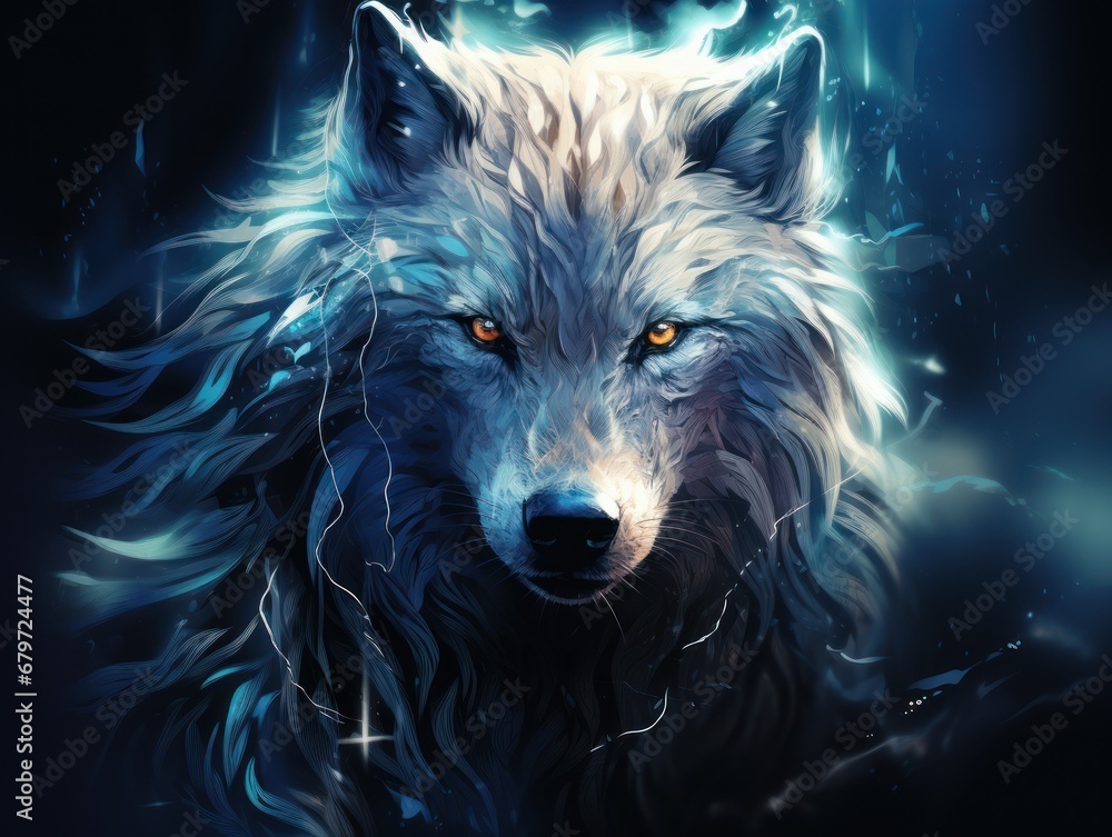 Poster a close up of a wolf's face on a dark background with a lightening effect in the background.