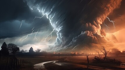 Tornado. Digital art. Massive tornado, cyclone on land with huge clouds. Thunderstorm, post...