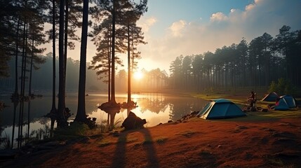 Camping,Adventures Camping and tent under the pine forest near water outdoor in morning and sunset at Pang-ung, pine forest park , Mae Hong Son, North of Thailand, forest background. Concept Travel