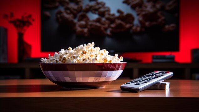 Movie Night Essentials: A Bowl of Popcorn and a Remote Control on a Table