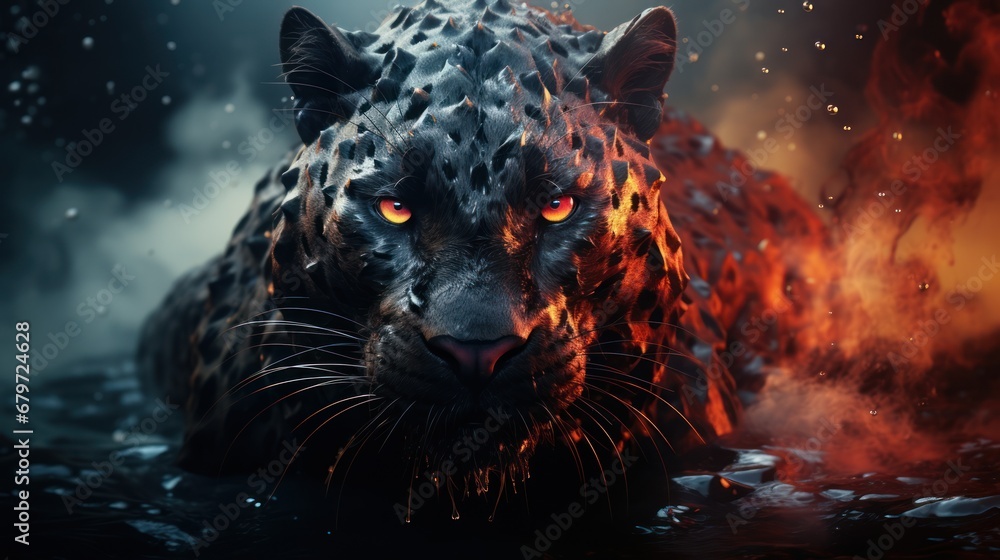 Poster a black leopard in the water with a fire in the background, creating a dramatic and powerful scene t