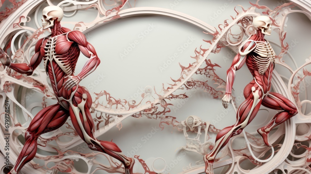 Poster a clock with a drawing of a man and a woman running in front of a clock face with red and white swir