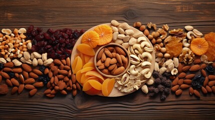 Fototapeta premium Mix of dried fruits and nuts on wooden background. Top view. Almonds, cashew and other healthy fruits. Organic and healthy